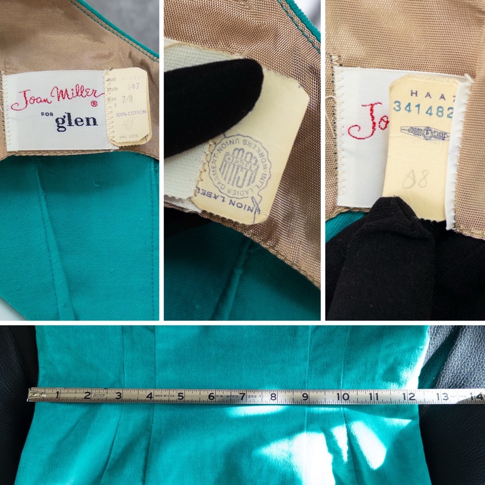Vintage 1950s Joan Miller for Glen Teal Cotton Velveteen Sheath Dress ~24” waist - Picture 8 of 9